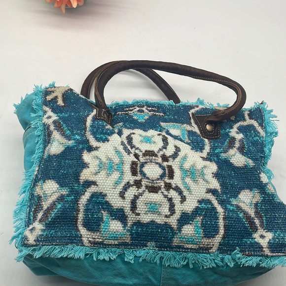 Myra Bag Bags Myra Bag Turquoise Canvas Tote Bag With Brown Handles